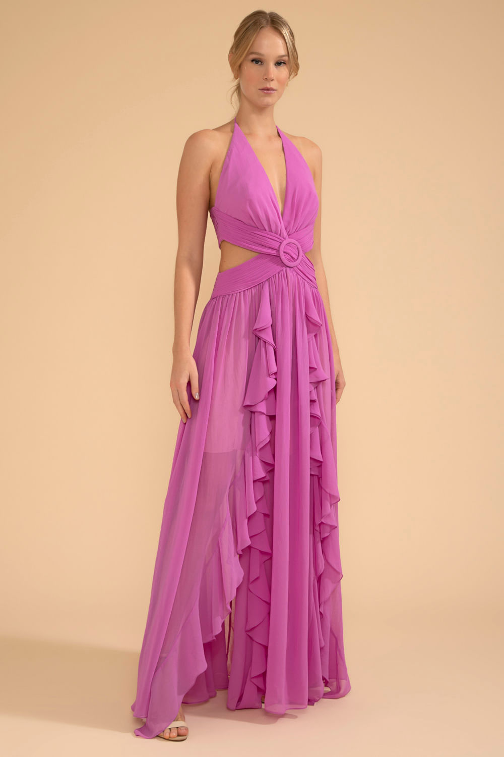 VESTIDO LONGO BABADOS CHIFFON ÍRIS LILAS