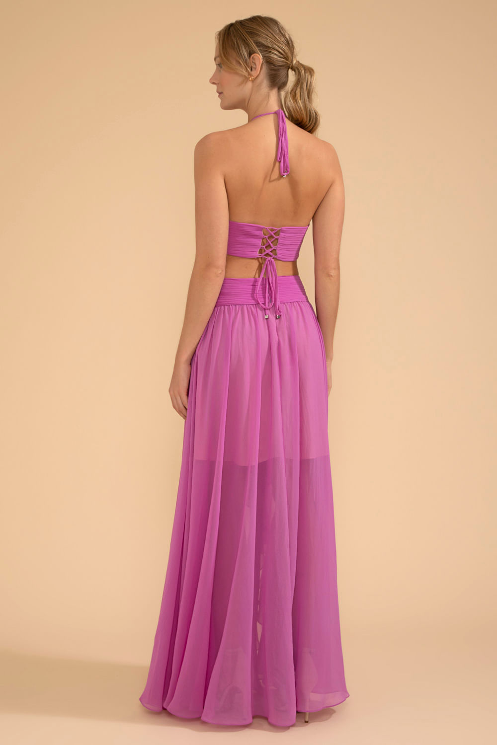 VESTIDO LONGO BABADOS CHIFFON ÍRIS LILAS