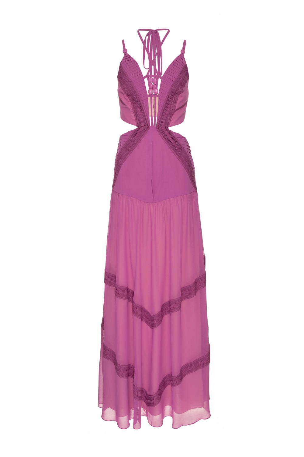 VESTIDO LONGO DECOTE TIRAS CHIFFON ÍRIS LILAS