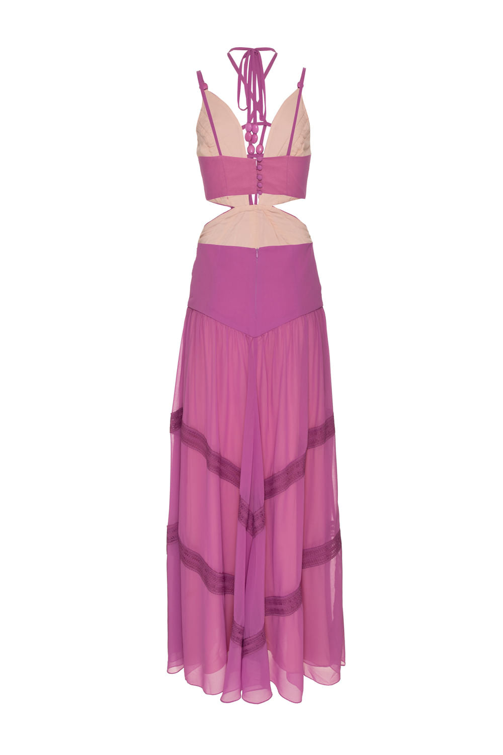 VESTIDO LONGO DECOTE TIRAS CHIFFON ÍRIS LILAS