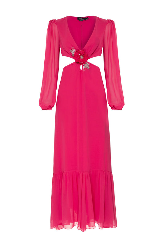 VESTIDO LONGO RECORTES FLOR CHIFFON ÍRIS PINK
