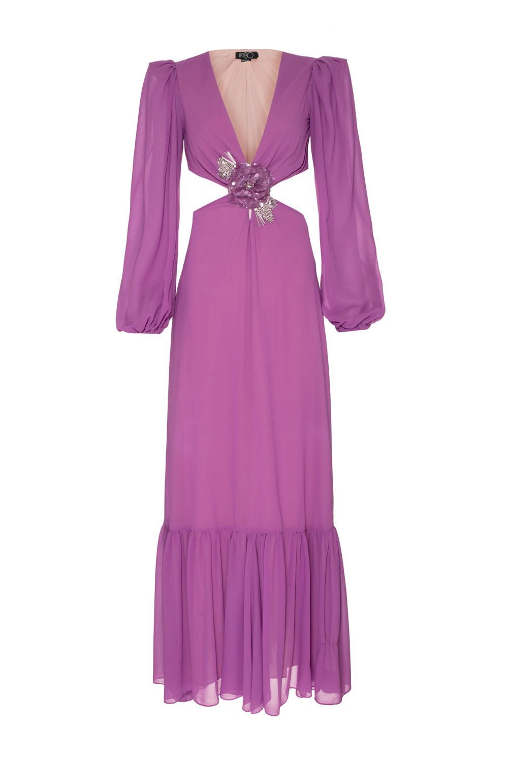 VESTIDO LONGO RECORTES FLOR CHIFFON ÍRIS LILAS
