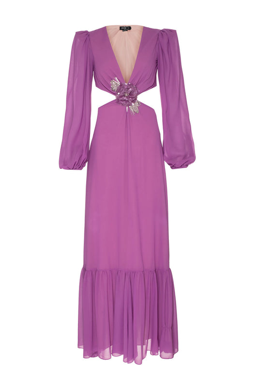 VESTIDO LONGO RECORTES FLOR CHIFFON ÍRIS LILAS