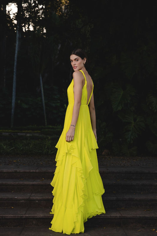 VESTIDO LONGO SAIA ASSIMÉTRICA CHIFFON ÍRIS VERDE