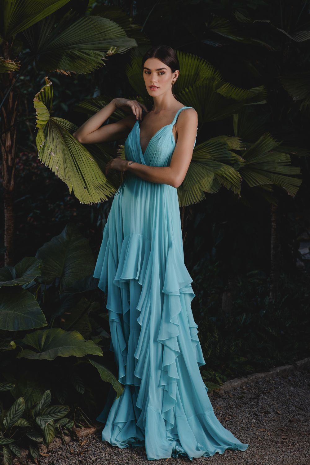 VESTIDO LONGO SAIA ASSIMÉTRICA CHIFFON ÍRIS AZUL