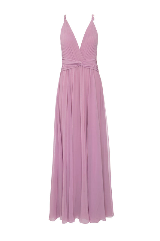 VESTIDO LONGO DECOTE DRAPEADO CHIFFON ÍRIS LILAS