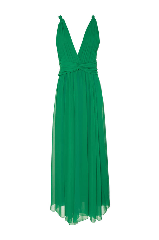 VESTIDO LONGO DECOTE DRAPEADO CHIFFON ÍRIS VERDE