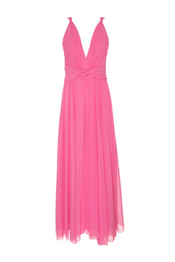 VESTIDO LONGO DECOTE DRAPEADO CHIFFON ÍRIS ROSA
