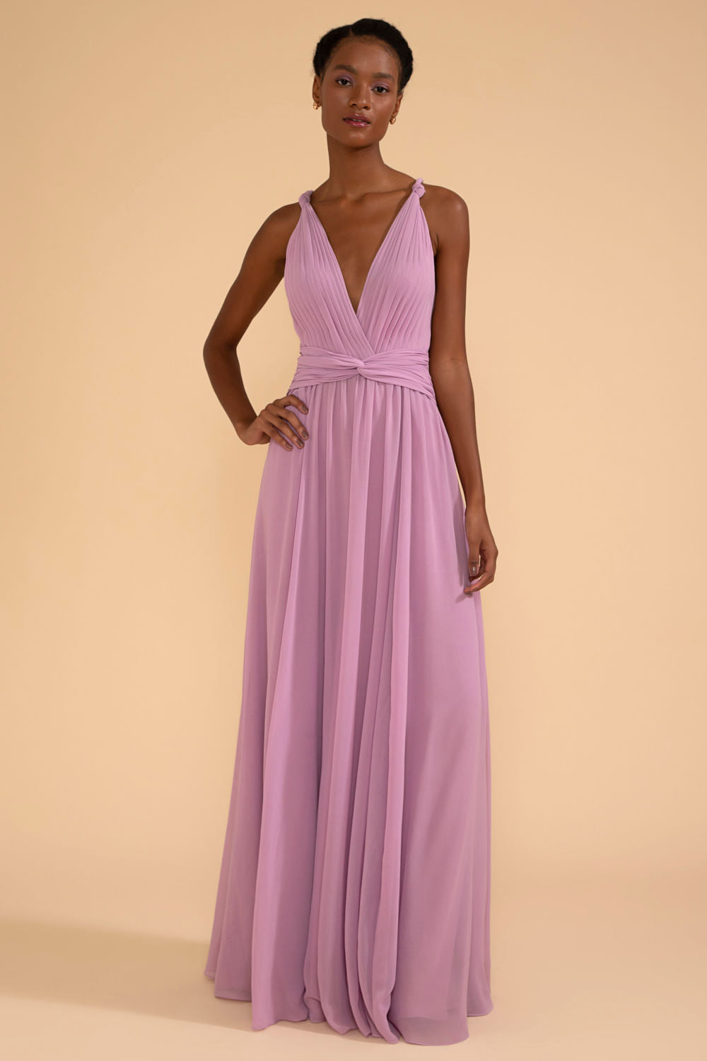 VESTIDO LONGO DECOTE DRAPEADO CHIFFON ÍRIS LILAS