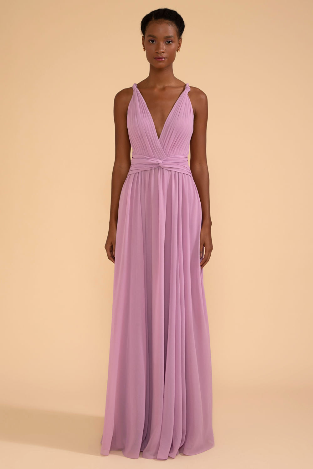 VESTIDO LONGO DECOTE DRAPEADO CHIFFON ÍRIS LILAS