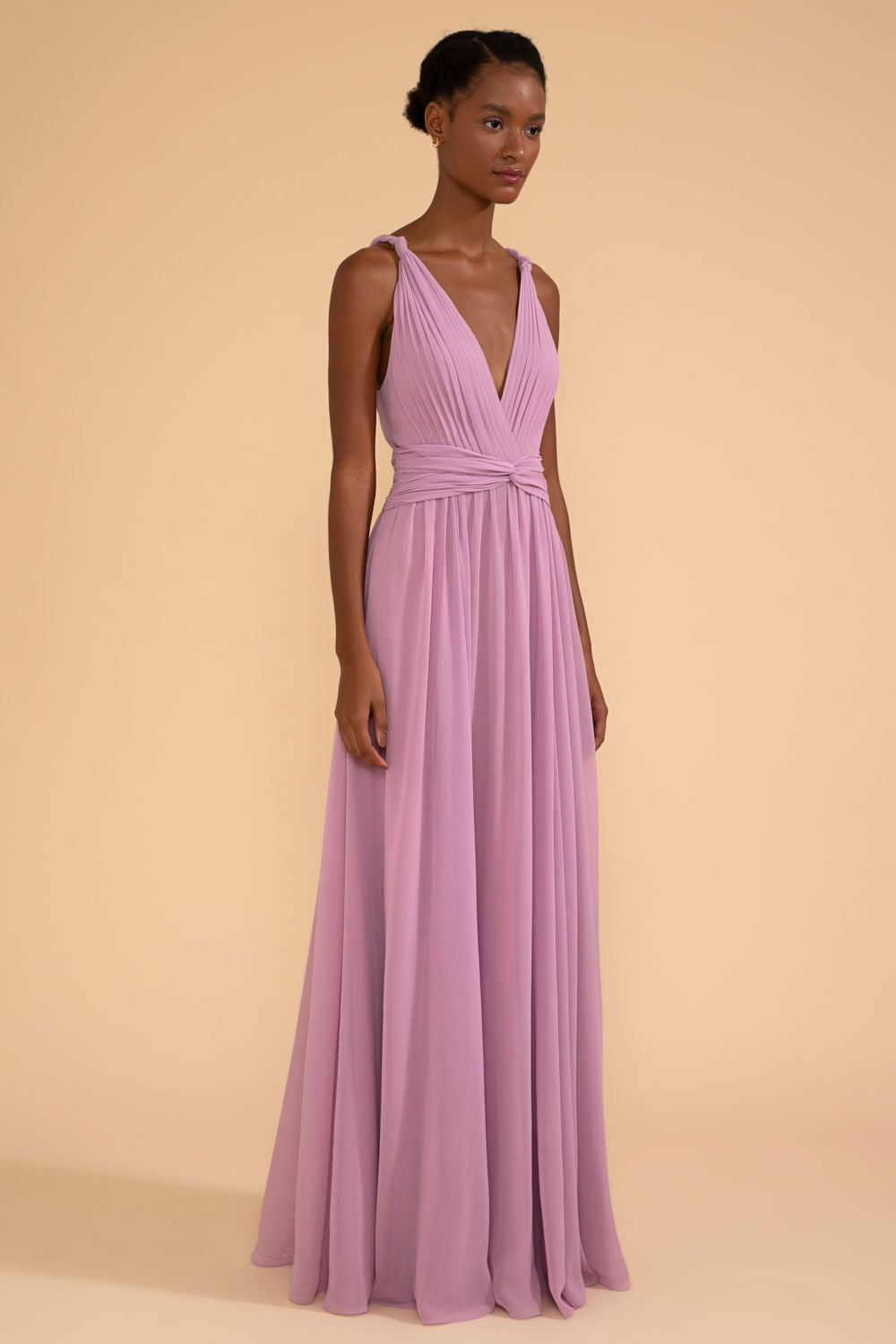VESTIDO LONGO DECOTE DRAPEADO CHIFFON ÍRIS LILAS
