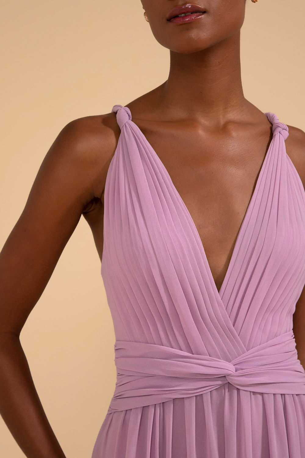 VESTIDO LONGO DECOTE DRAPEADO CHIFFON ÍRIS LILAS