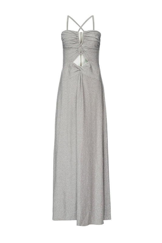 VESTIDO LONGO BUSTO FRANZIDO LUREX CAMDEN PRATA