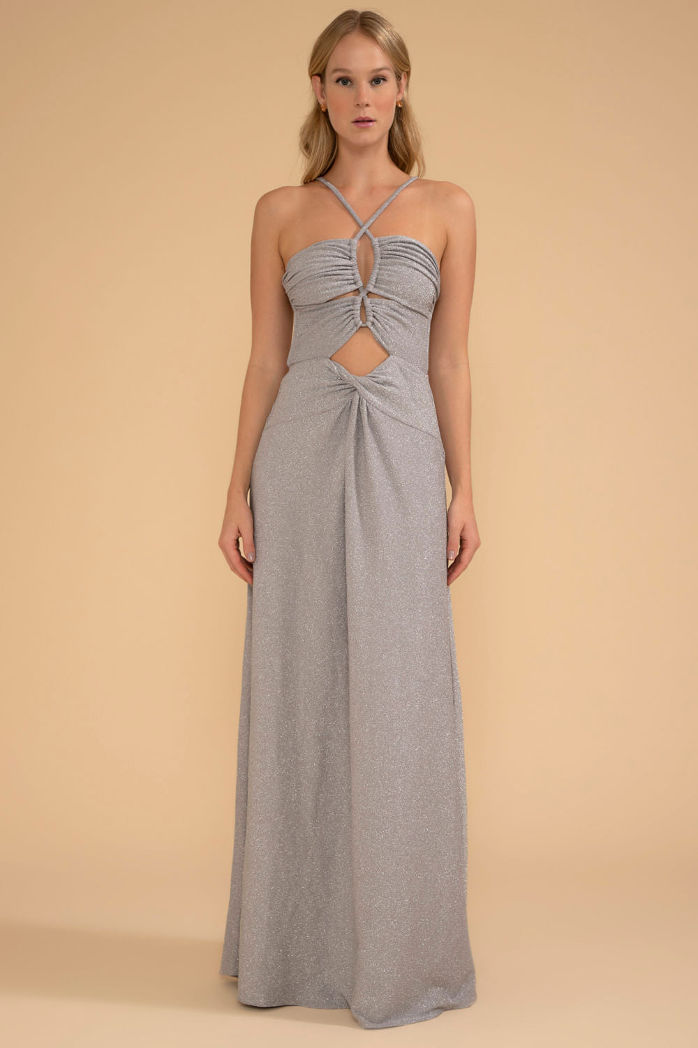 VESTIDO LONGO BUSTO FRANZIDO LUREX CAMDEN PRATA