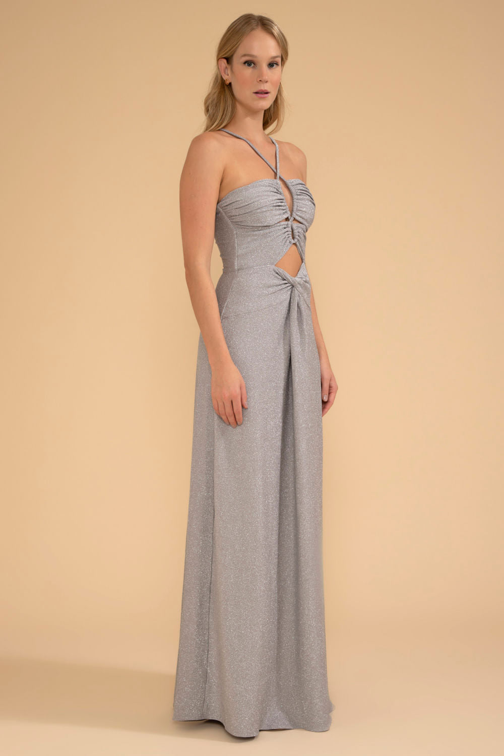 VESTIDO LONGO BUSTO FRANZIDO LUREX CAMDEN PRATA