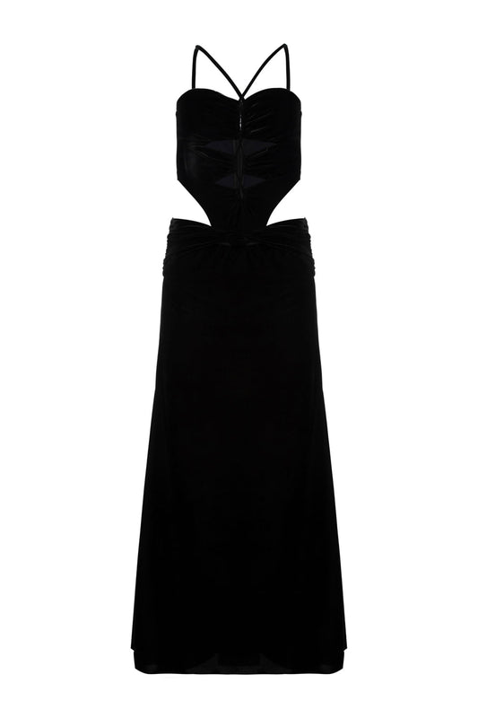 VESTIDO LONGO RECORTES VELUDO CRYSTAL PRETO