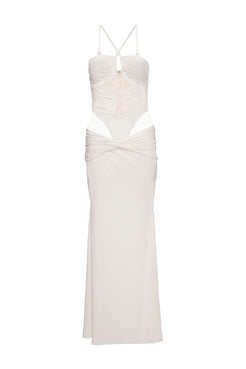 VESTIDO LONGO RECORTES VELUDO CRYSTAL OFF WHITE