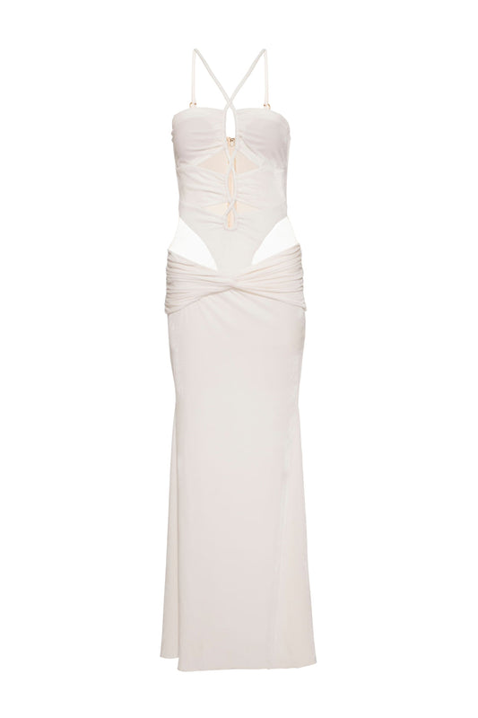 VESTIDO LONGO RECORTES VELUDO CRYSTAL OFF WHITE