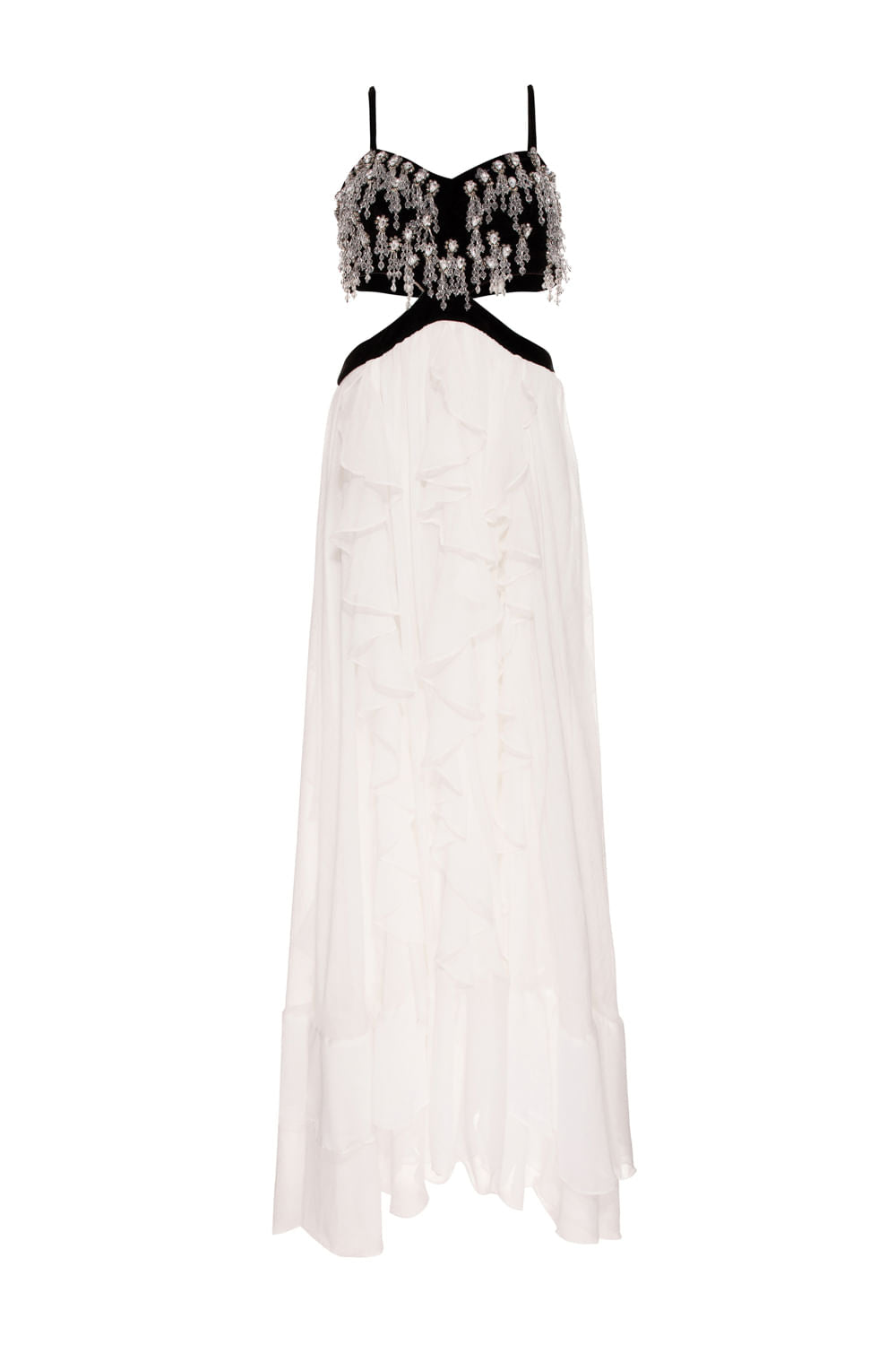 VESTIDO LONGO BUSTO PEDRARIA  VELUDO CRYSTAL OFF WHITE