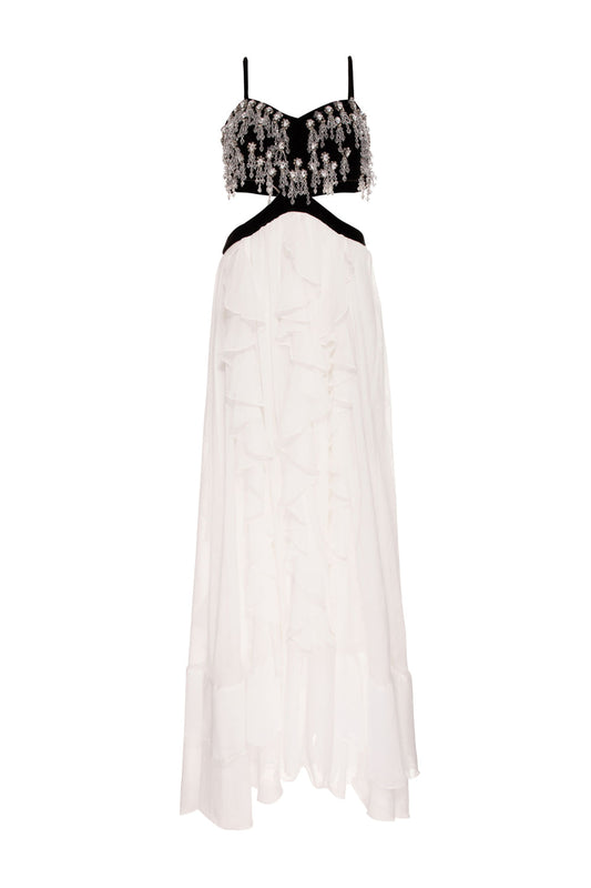 VESTIDO LONGO BUSTO PEDRARIA  VELUDO CRYSTAL OFF WHITE