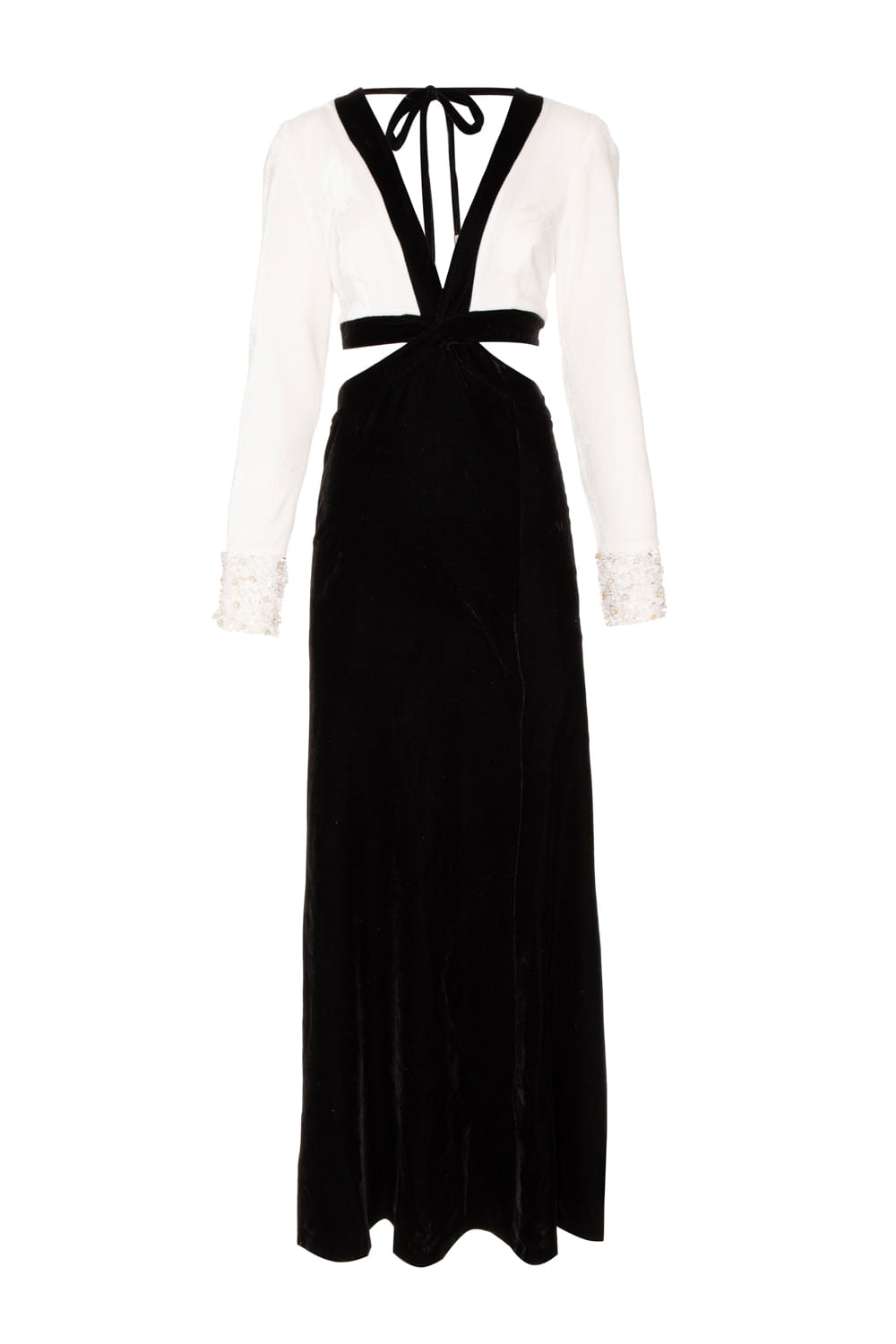 VESTIDO LONGO BICOLOR VELUDO CRYSTAL OFF WHITE E PRETO