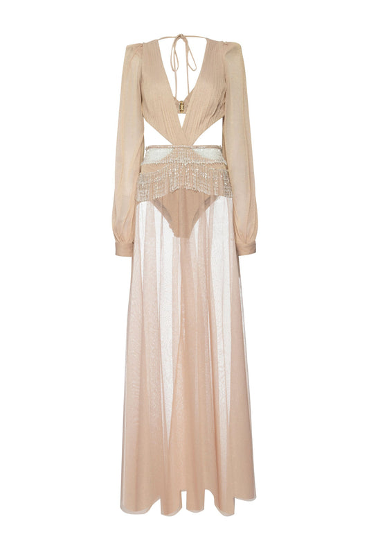 VESTIDO LONGO RECORTES TULE CRYSTAL ROSA