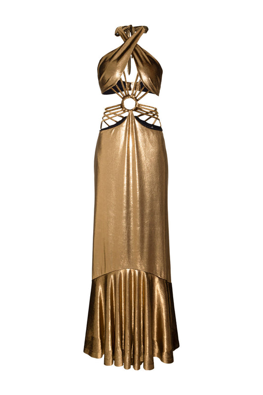 VESTIDO LONGO ARGOLA GOLDEN VELVET DOURADO