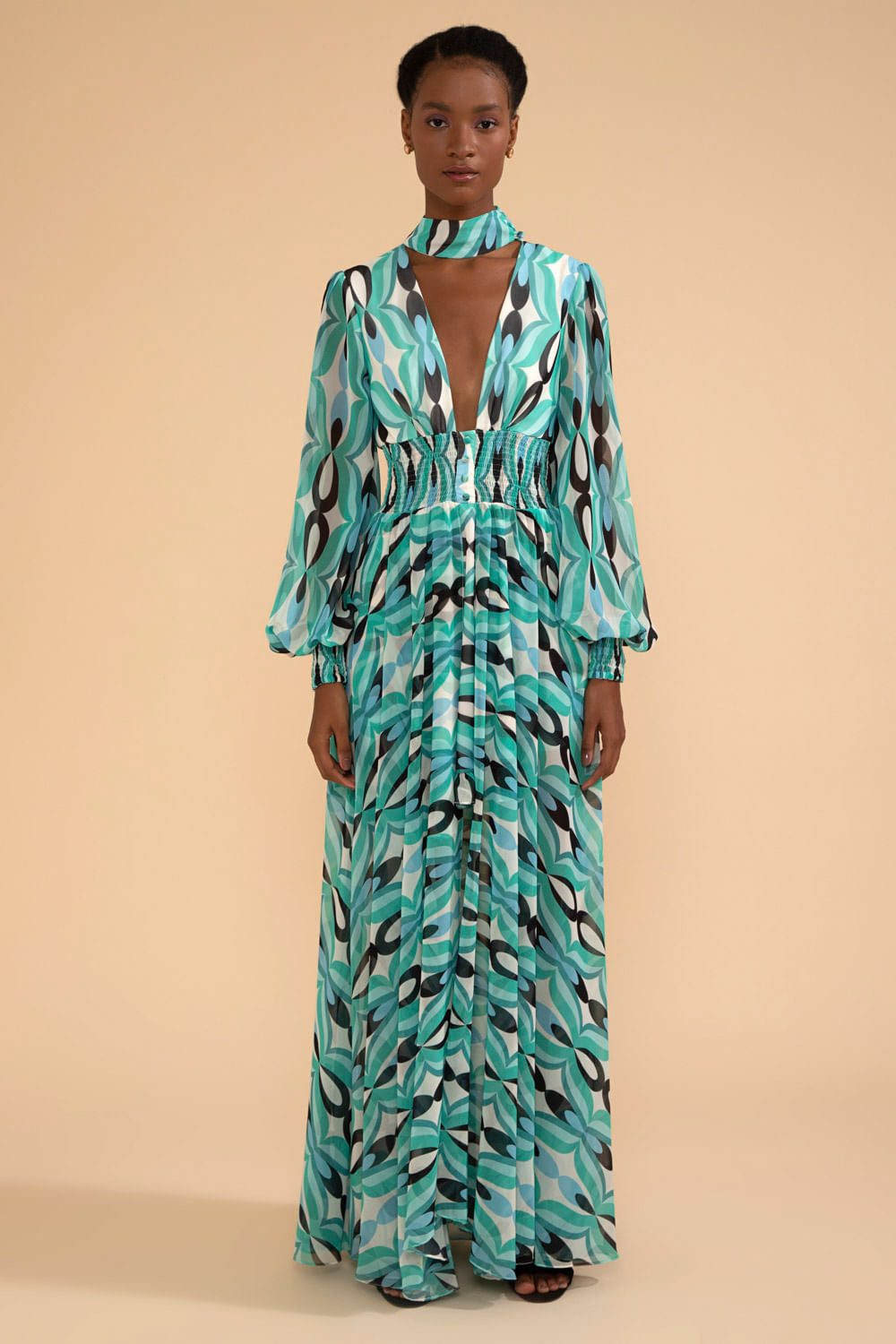 VESTIDO LONGO GOLA TWIST VERDE