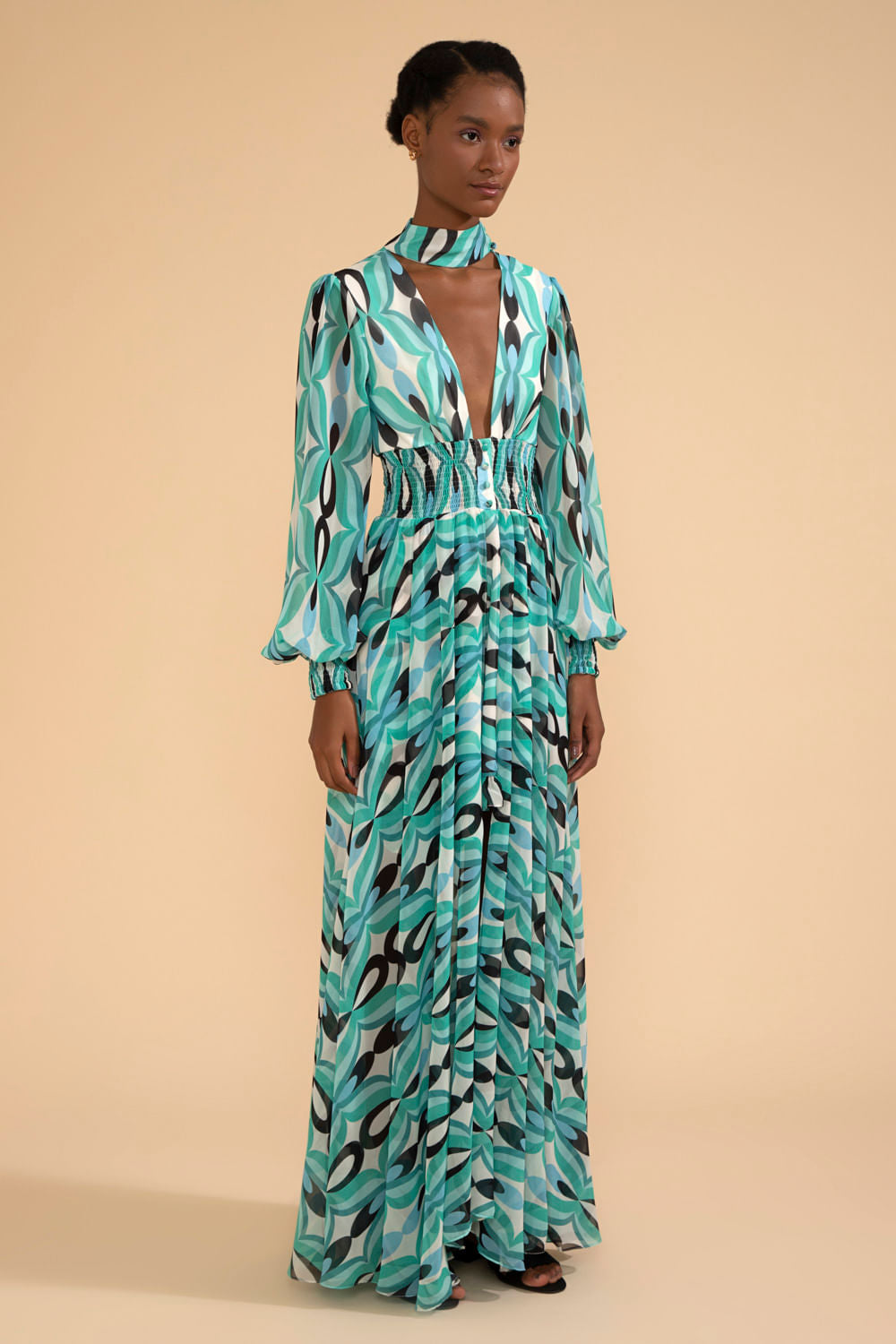 VESTIDO LONGO GOLA TWIST VERDE