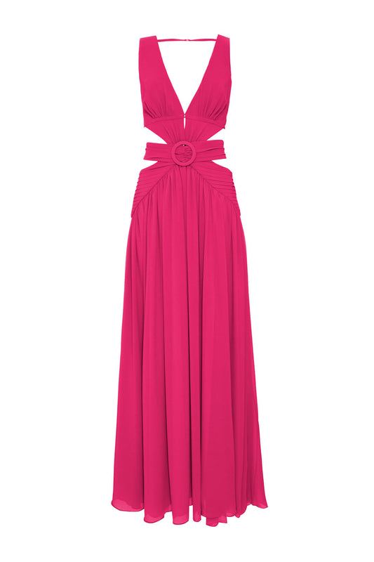 VESTIDO LONGO RECORTES SEM MANGA CHIFFON ÍRIS PINK