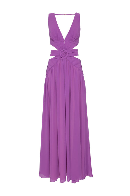 VESTIDO LONGO RECORTES SEM MANGA CHIFFON ÍRIS LILAS