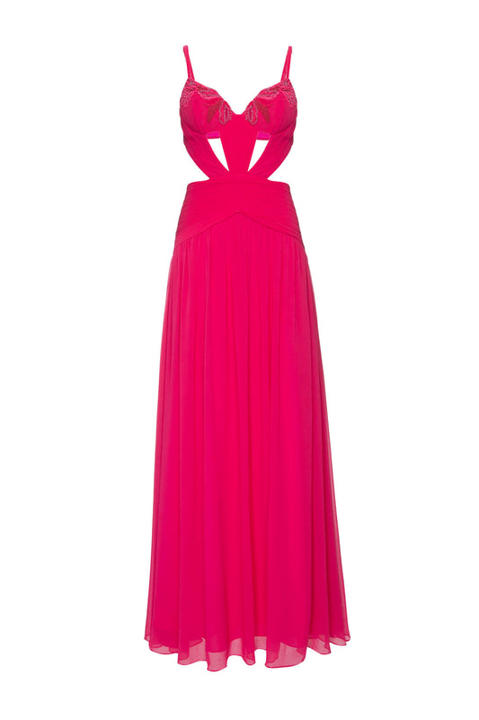 VESTIDO LONGO BUSTO BORDADO CHIFFON ÍRIS PINK