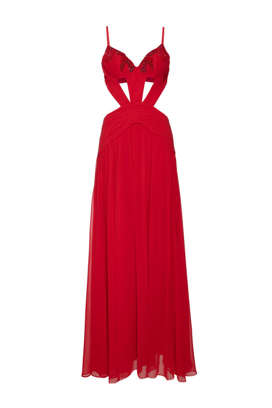 VESTIDO LONGO BUSTO BORDADO CHIFFON ÍRIS VERMELHO