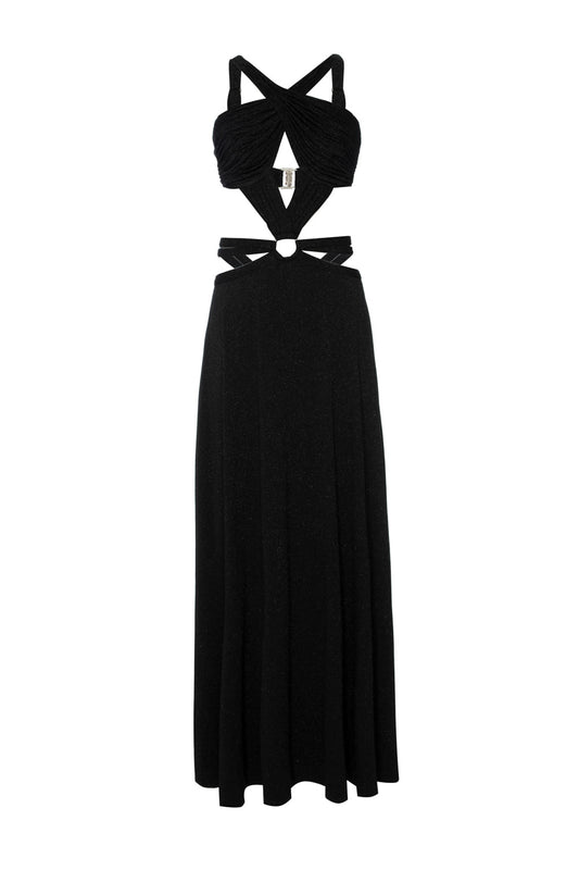 VESTIDO LONGO DECOTE CRUZADO LUREX CAMDEN PRETO