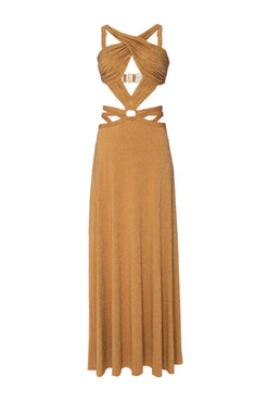VESTIDO LONGO DECOTE CRUZADO LUREX CAMDEN DOURADO