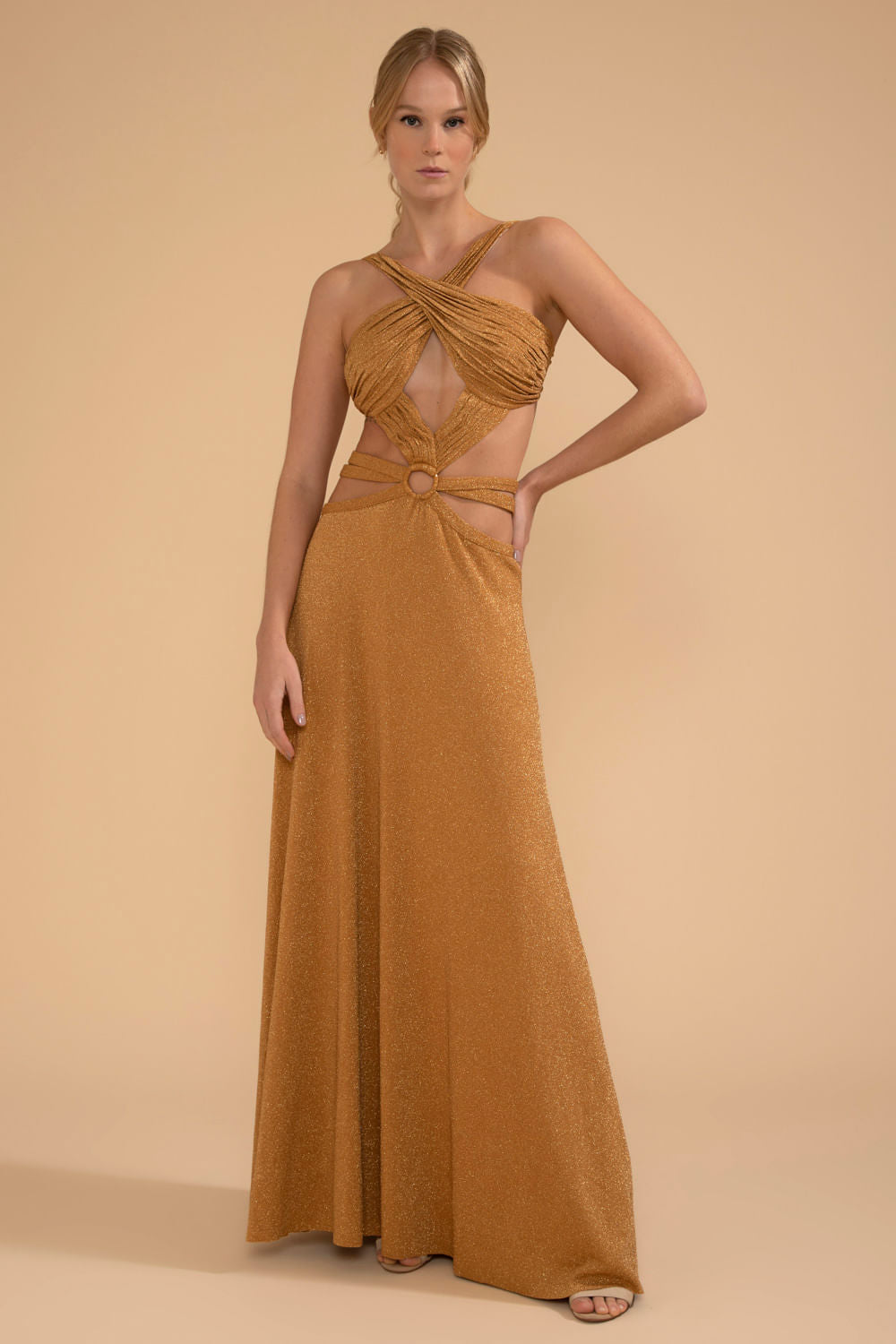 VESTIDO LONGO DECOTE CRUZADO LUREX CAMDEN DOURADO