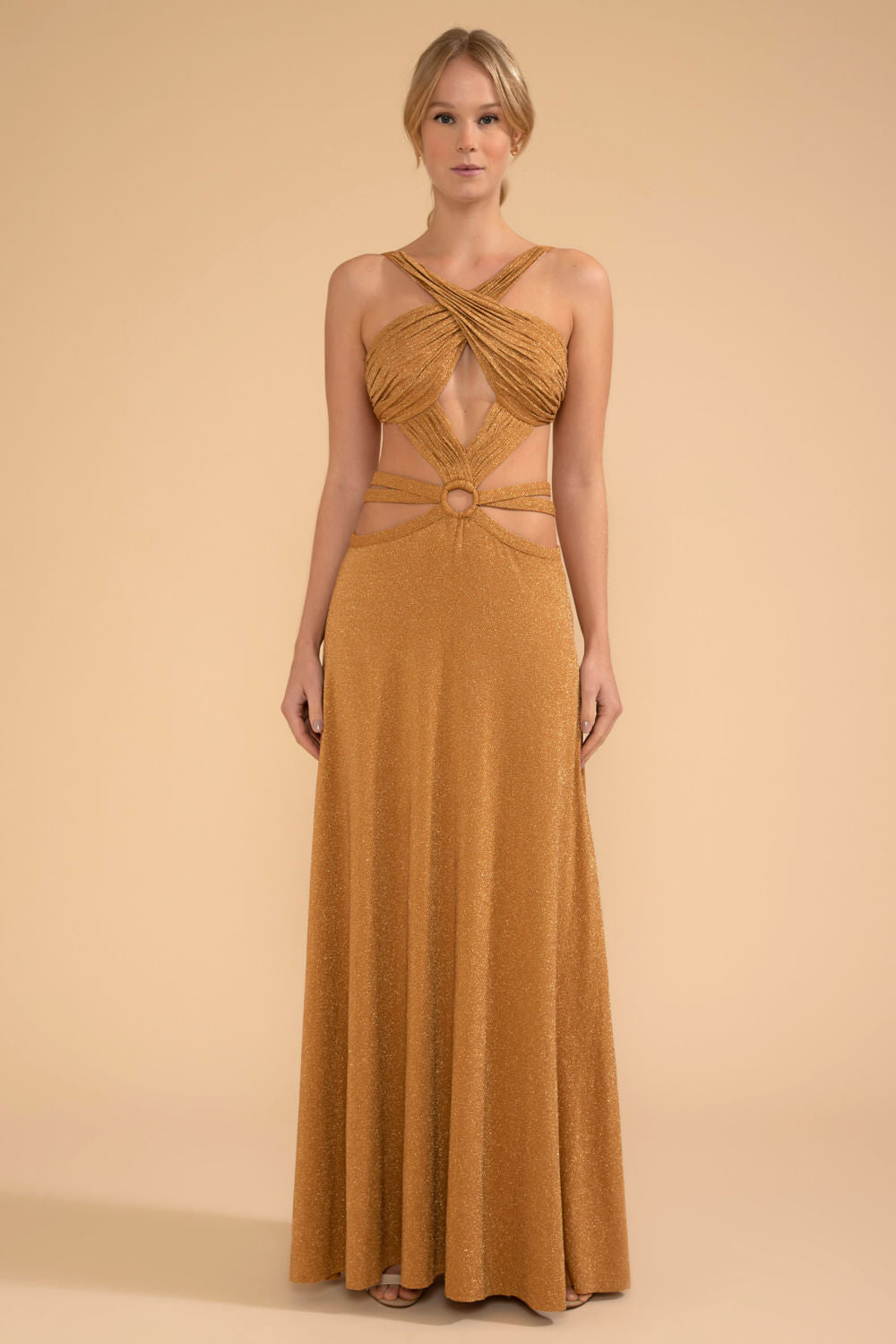 VESTIDO LONGO DECOTE CRUZADO LUREX CAMDEN DOURADO