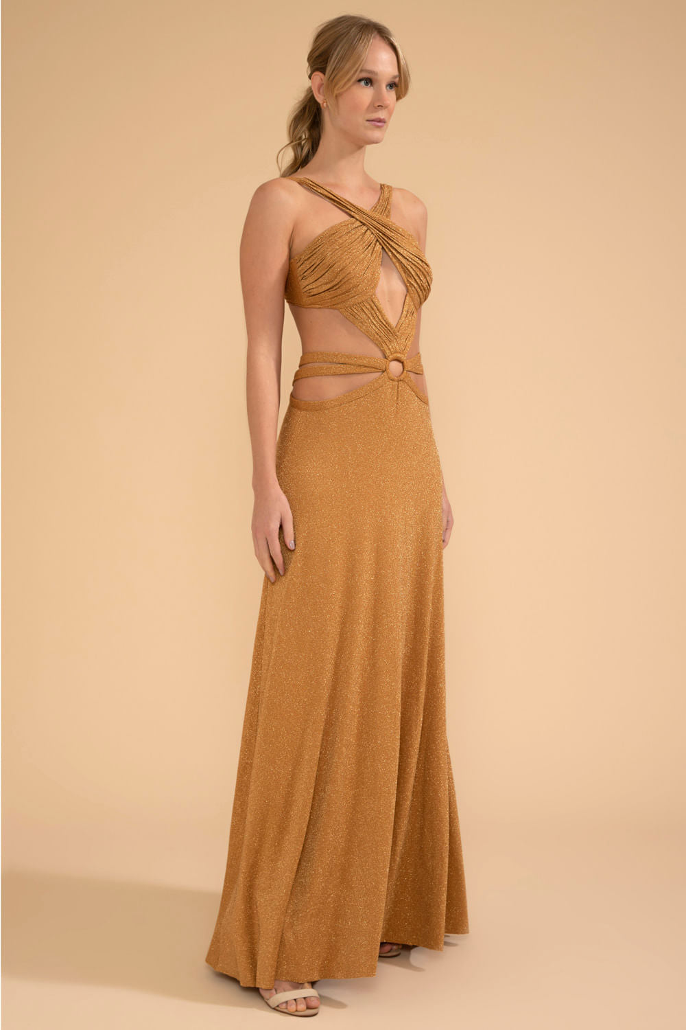 VESTIDO LONGO DECOTE CRUZADO LUREX CAMDEN DOURADO