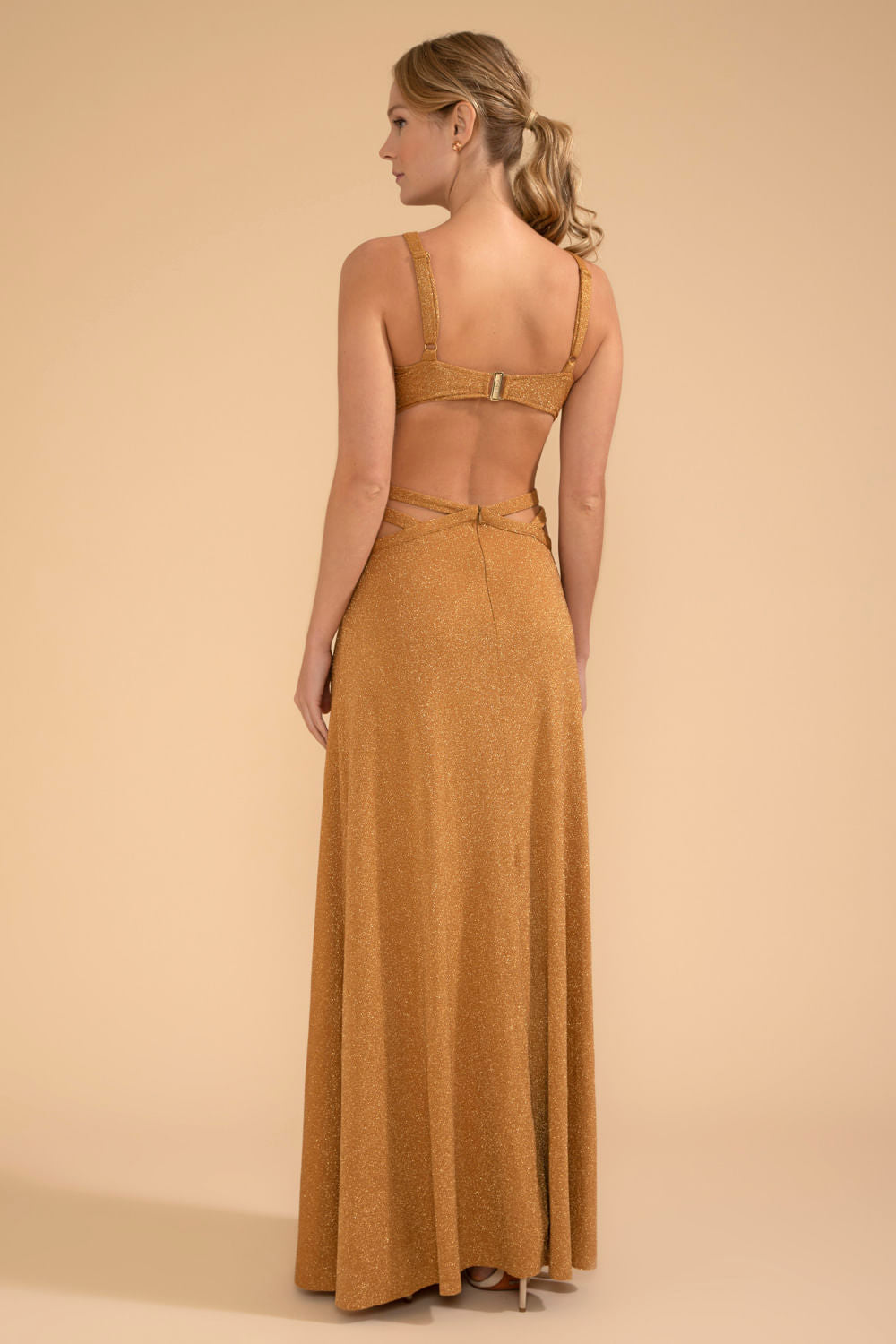 VESTIDO LONGO DECOTE CRUZADO LUREX CAMDEN DOURADO