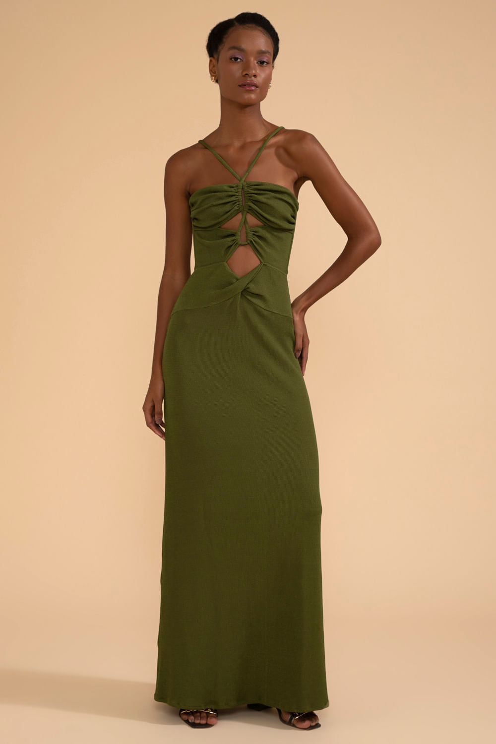 VESTIDO LONGO DECOTE FRANZIDO MALHA BASEL VERDE