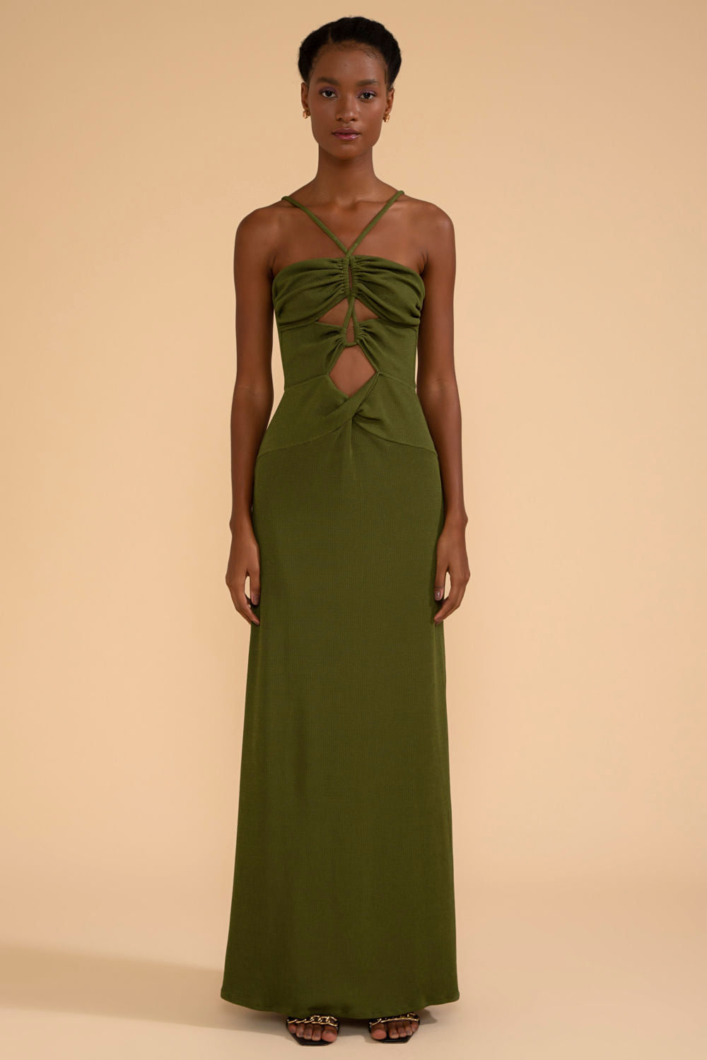 VESTIDO LONGO DECOTE FRANZIDO MALHA BASEL VERDE