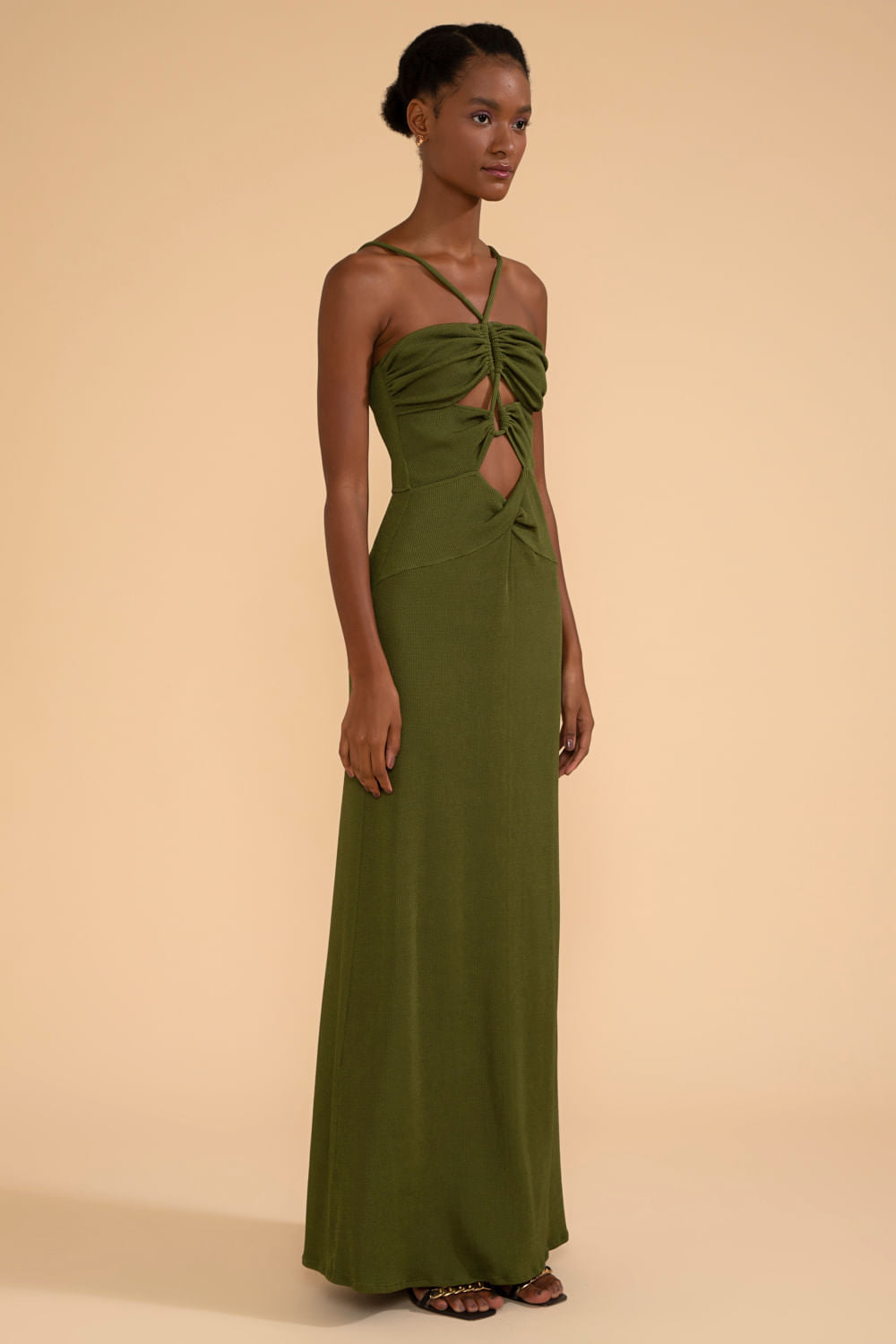 VESTIDO LONGO DECOTE FRANZIDO MALHA BASEL VERDE