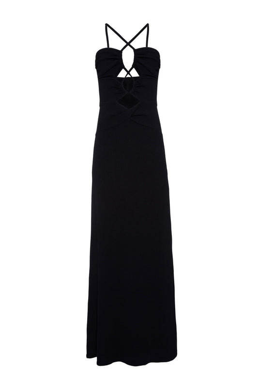 VESTIDO LONGO DECOTE FRANZIDO MALHA BASEL PRETO