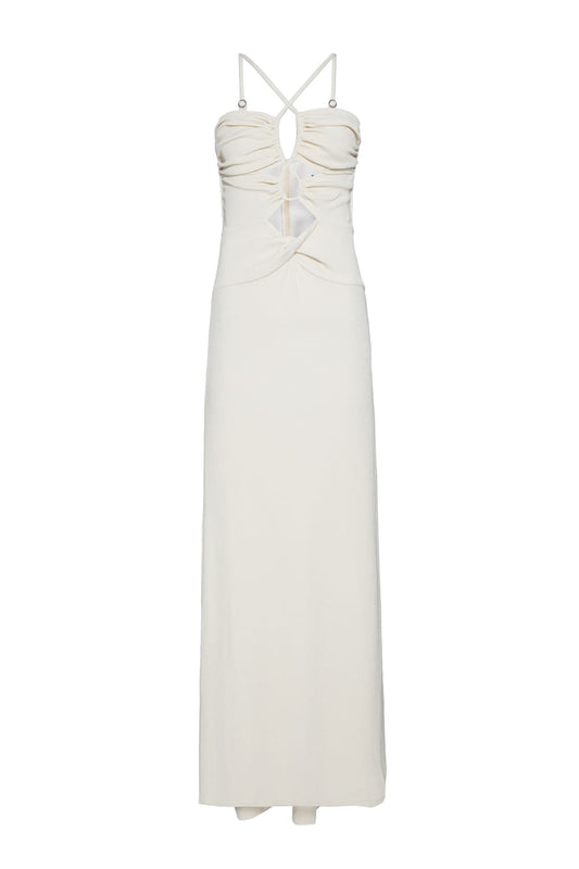 VESTIDO LONGO DECOTE FRANZIDO MALHA BASEL OFF WHITE
