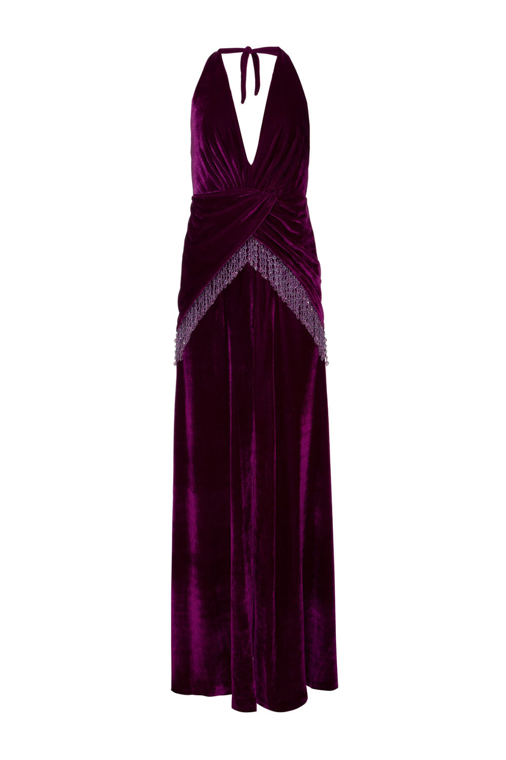 VESTIDO LONGO FRANJAS VELUDO CRYSTAL ROXO