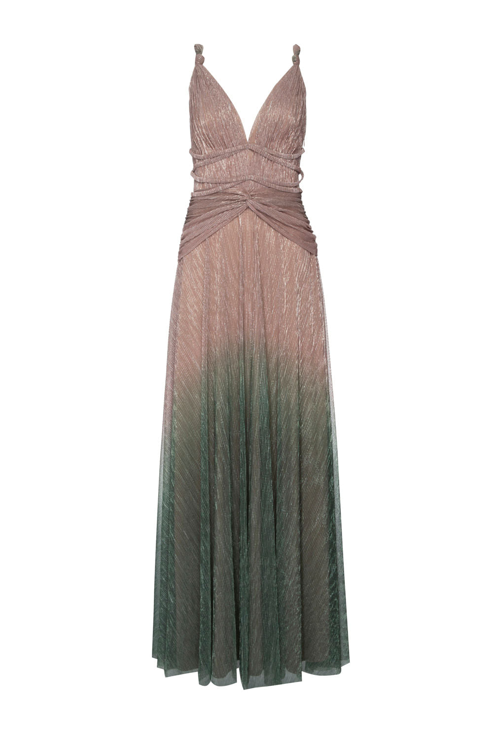VESTIDO LONGO ALÇA NÓ LUREX MERMAID VERDE E ROSA