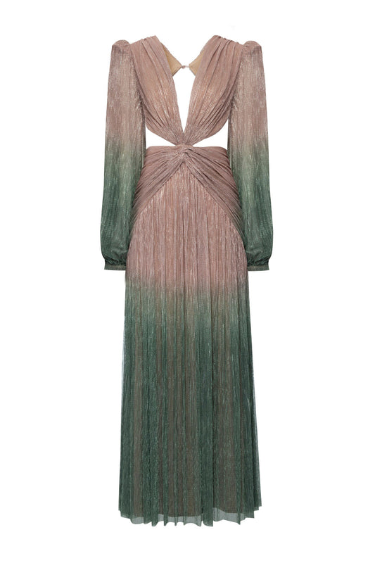 VESTIDO LONGO DECOTE MANGA LONGA LUREX MERMAID VERDE E ROSA