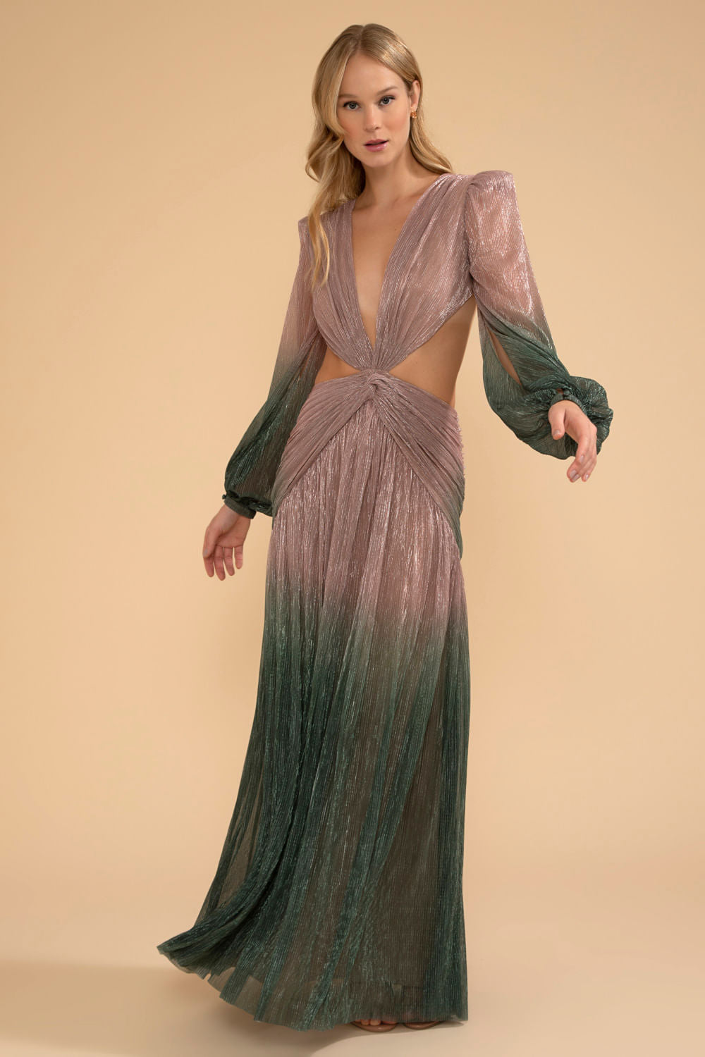 VESTIDO LONGO DECOTE MANGA LONGA LUREX MERMAID VERDE E ROSA