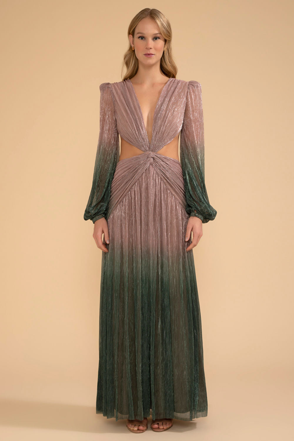 VESTIDO LONGO DECOTE MANGA LONGA LUREX MERMAID VERDE E ROSA