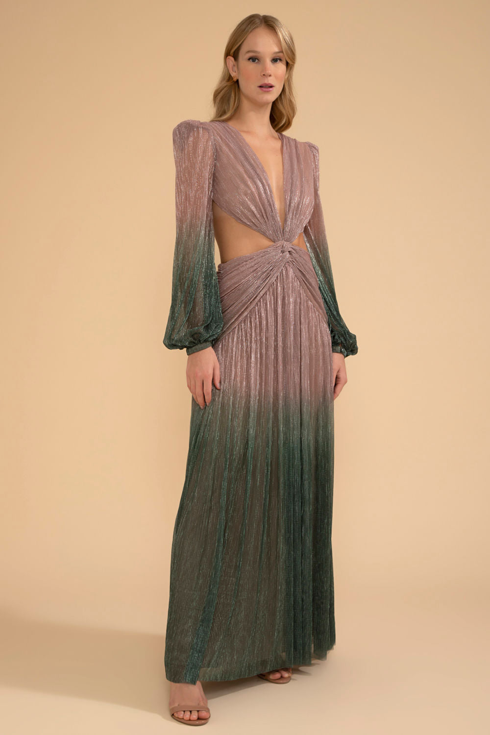 VESTIDO LONGO DECOTE MANGA LONGA LUREX MERMAID VERDE E ROSA